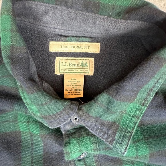 LL Bean Fleece Lined Flannel Shirt Jacket Mens Large Green Plaid 298189 - Picture 5 of 10
